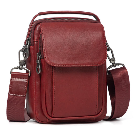 Augus Leather Small Messenger Bag For Men Crossbody Handbag Shoulder Sling Travel Bags for Men Purse Daypack Magnetic Buckle (burgundy)