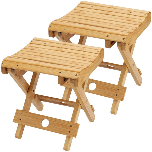 SINJEUN 2 Pack 12 Inch Natural Bamboo Folding Bench Seat Stool Bench for Bathroom, Spa, Sauna, Wooden Seat, Shower Bench Stool, Easy Assembled