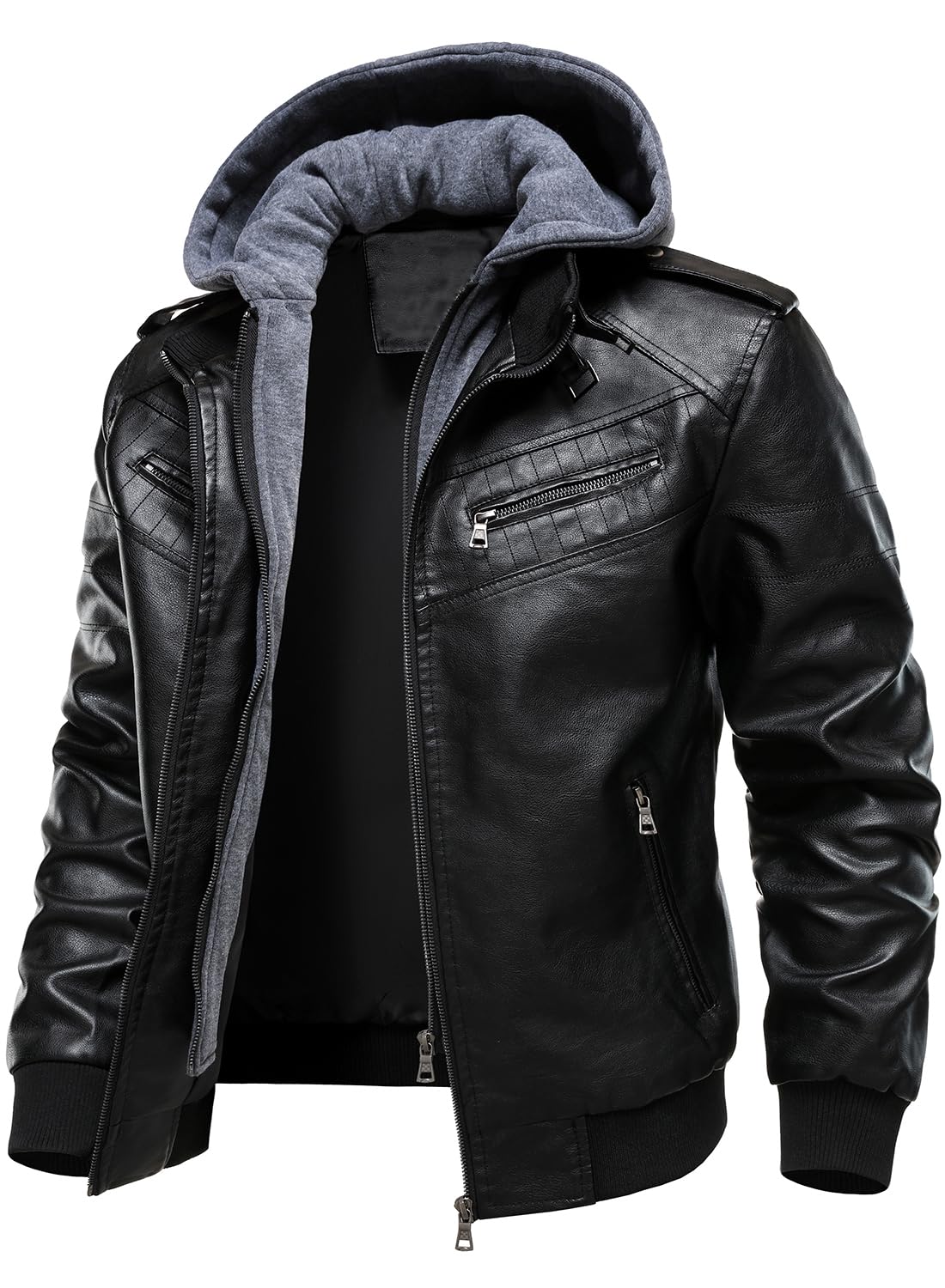 HOOD CREW Men's Leather Jackets Faux Bomber Jacket for Men Motorcycle Zip-Up Biker Coat With Hoodie Black L