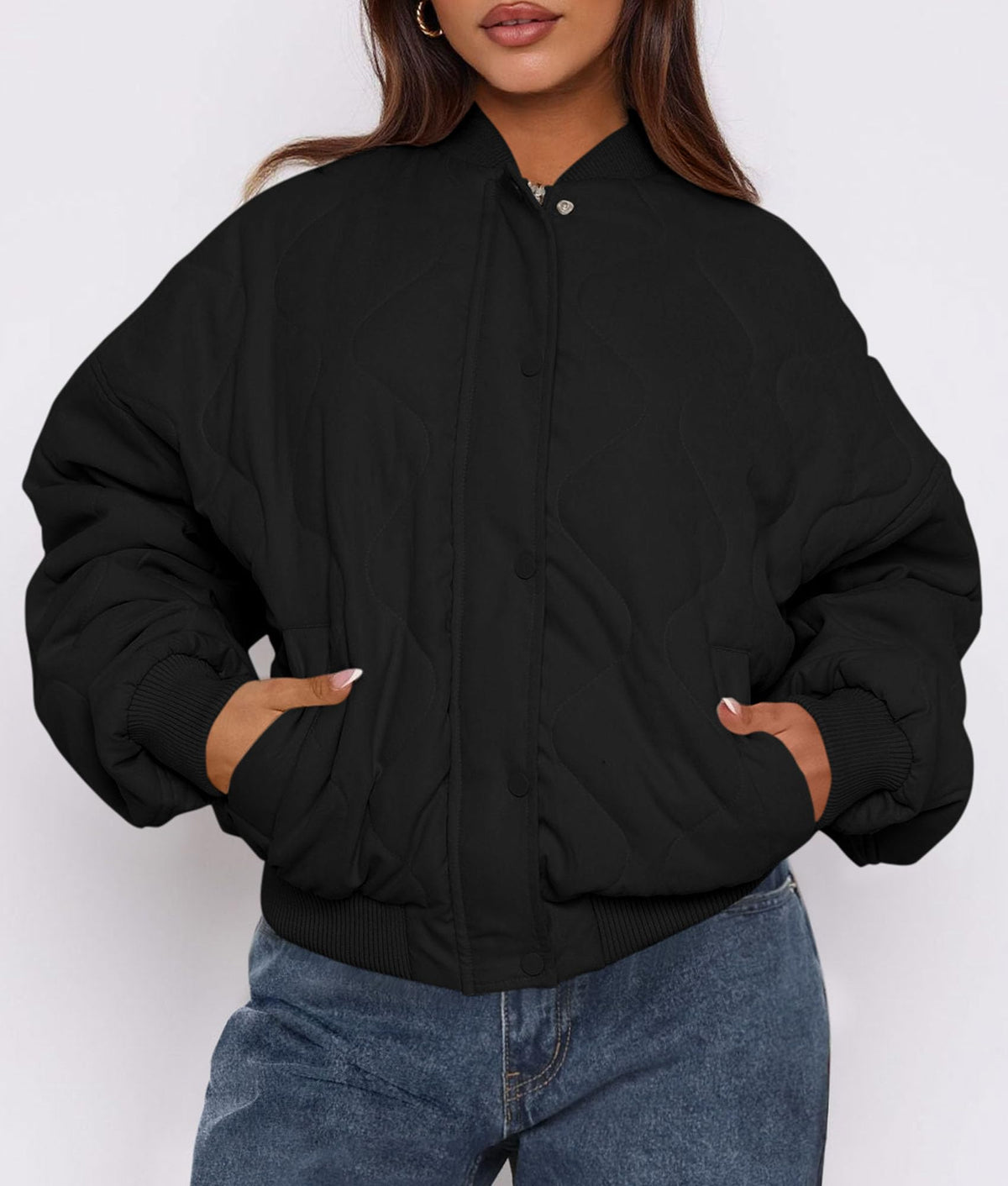 PRETTYGARDEN Women's Quilted Bomber Jacket Fall Fashion 2026 Lightweight Cropped Zip up Outerwear Winter Puffer Coats Pockets (Black,X-Large)