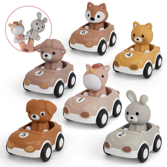 Nueplay Toy Cars for Toddlers 1-3, 6-Pack Friction Powered Push and Go Vehicle Set with Animal Finger Puppets for Boys Girls