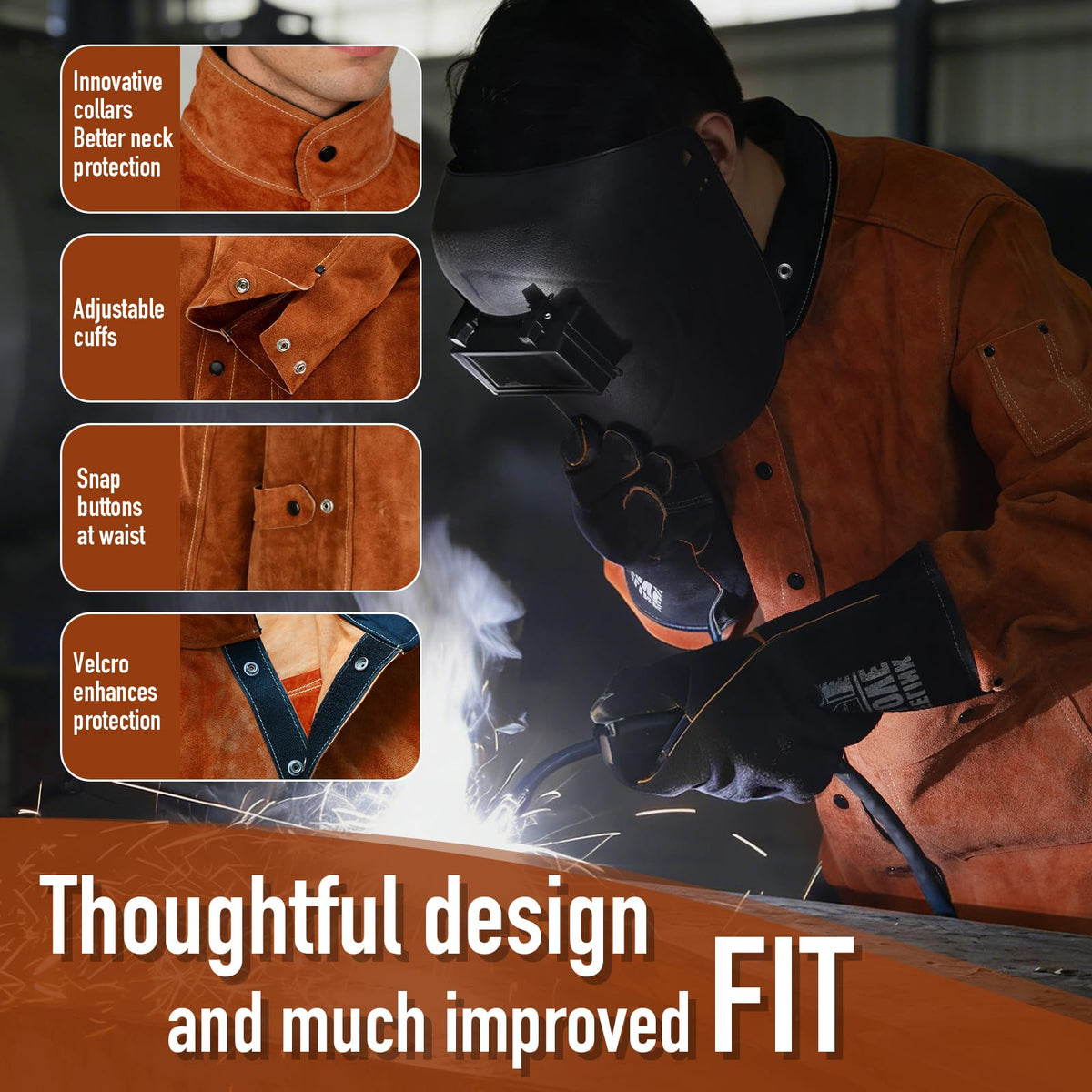 Leather Welding Work Jacket by QeeLink - Flame-Resistant Heavy Duty Split Cowhide Leather (Medium)
