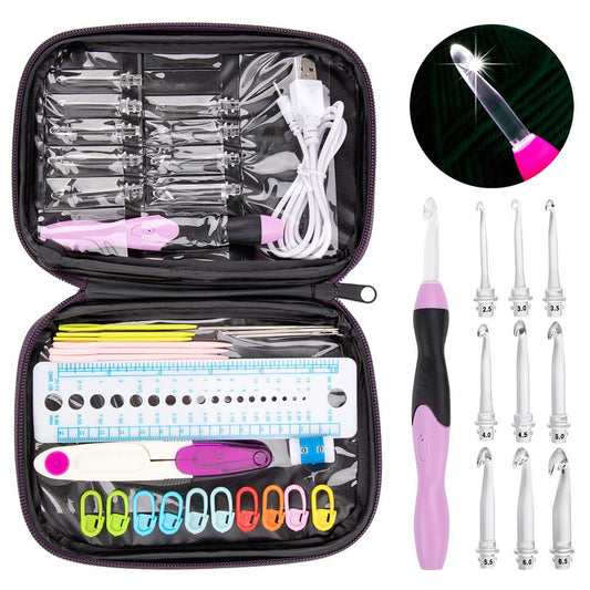 Vidillo Crochet Hooks Lights Set with Case, Ergonomic Rechargeable Lighted Hooks,9 Interchangeable Heads Hooks with a Crochet Hooks Case, Knitting Knit Needles Weave Yarn Sewing DIY Craft (Purple)