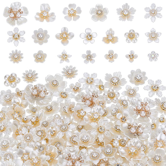 PLIGREAT 140 Pcs Rhinestone Buttons, Pearl Buttons Flat Back Flower Rhinestone Button Embellishments for Crafts Jewelry Making DIY Wedding Party Hair Bouquet Clothes Bags Home Decoration, 20 Styles