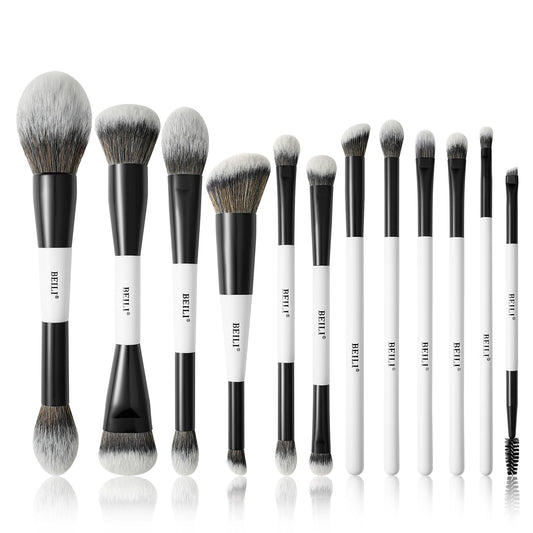 BEILI 12 Pcs Double-Sided Makeup Brush Set, 18-in-12 Multi-Use Brushes for Contour, Foundation, Highlight, Blush, Eyeshadow, Eyeliner & Concealer, Black & White Travel Kit for Polished Daily Makeup
