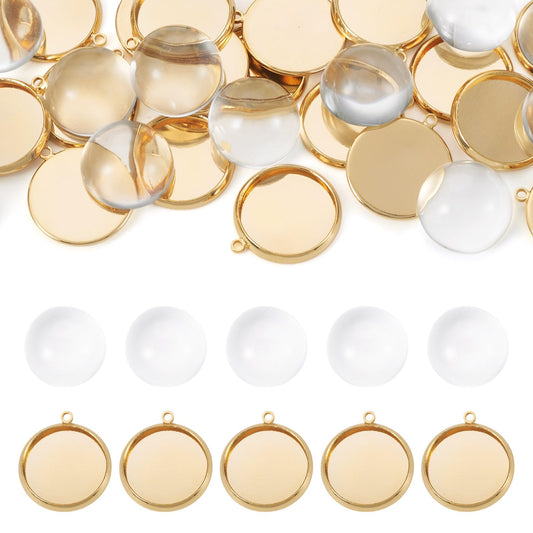 Beadthoven 40Pcs DIY Pendant Trays Kit, 14mm Round Bezel Pendant Trays Blanks Real 18K Gold Plated Brass Cabochon Settings with Clear Glass Cabochons for DIY Crafting Photo Jewelry Making