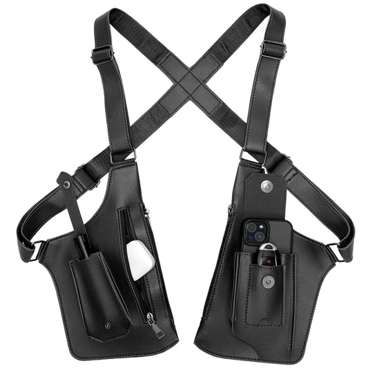 BELLPO Double Shoulder Armpit Bag for Men, Leather Shoulder Bag - Anti-Theft Underarm Wallet & Phone Pouch with Adjustable Strap, Hidden Chest Bag for Travel & Outdoor (Black)