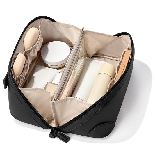 mibasies Travel Makeup Bag for Women, Large Capacity Waterproof PU Leather Flat Open Cosmetic Bag, Portable Toiletry Bag for Business Trip & Daily Use