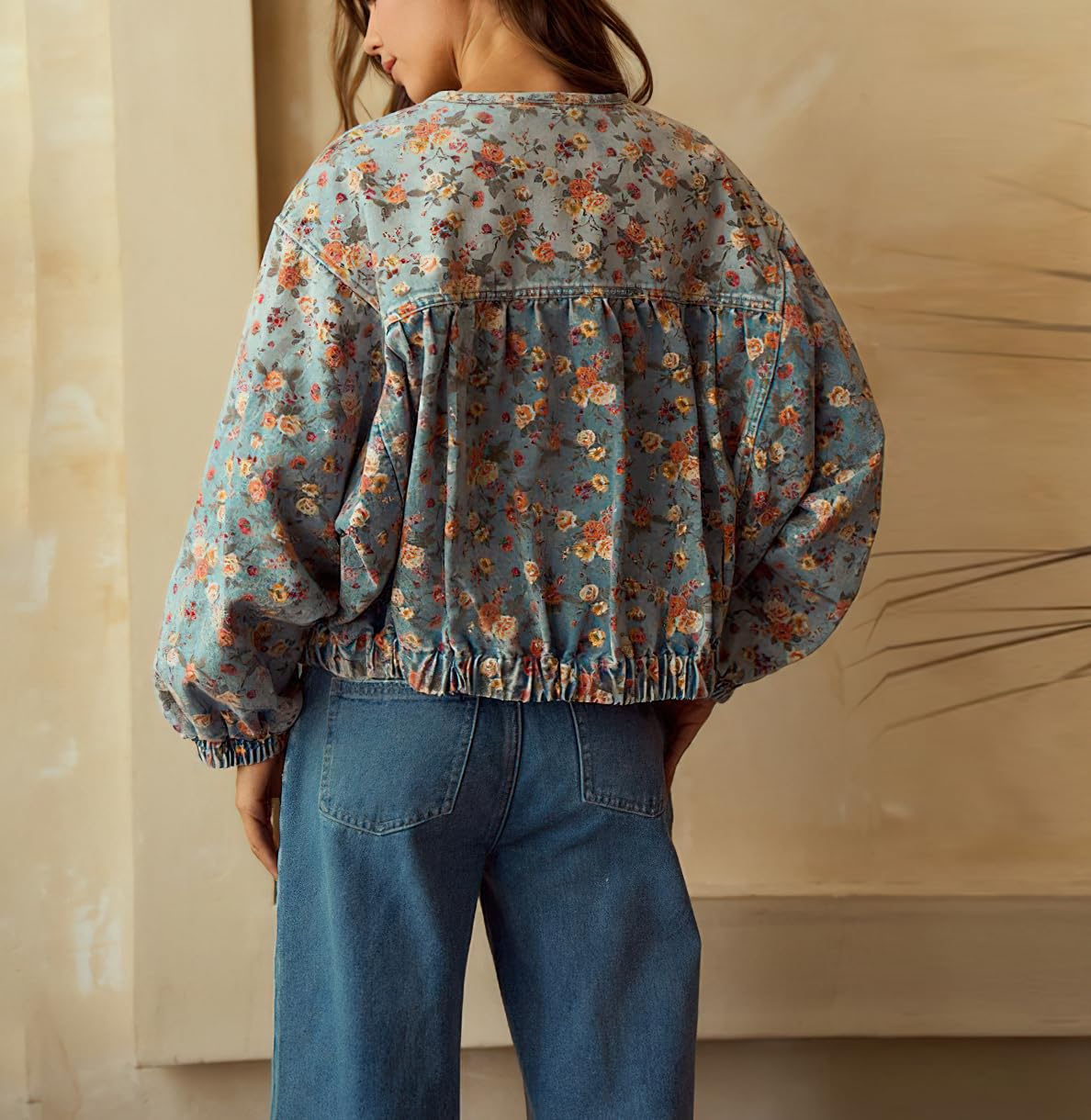 chouyatou Women Spring Fall Oversized Jean Jacket Trendy Lightweight Y2K Floral Denim Bomber Jacket Coat (Medium, Floral Blue)