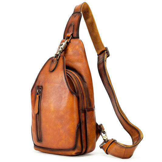 NIUCUNZH Genuine Leather Crossbody Sling Bag Handmade Classic Vintage Shoulder purse daypack Backpack Brown