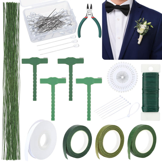 Hoemwarm Boutonniere Pin Kit Corsage Making Supplies Set Includes Pins Floral Wire Tape Cutters White Ribbon Metal Clips for Wedding Prom Party DIY Craft Arrangements