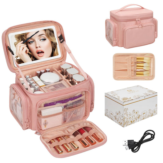 Large Makeup Bag with LED Mirror, Travel Makeup Bag Organizer for Women Girls with Makeup Brush Compartment & Two Side Pockets, 3 Color Lights Cosmetic Toiletry Bag- Leather Pink