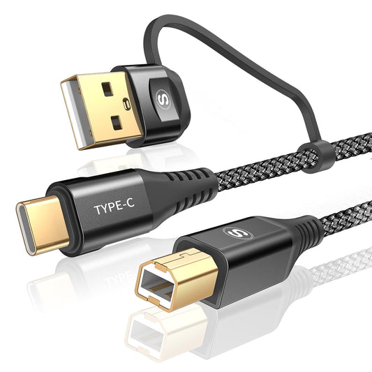 2-in-1 6.6FT, Printer Cable USB-A/C to USB-B Cord Type C MIDI Cable Braided High Speed Printer Cord for HP Canon Dell