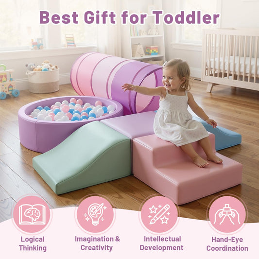 Hoohtoot Foam Climbing Toy for Toddler：with 4-Piece PU Leather Climbing Blocks, a Baby Ball Pit and Play Tunnel - Climb and Crawl Soft Play Set - Kids Crawling Obstacle Course Indoor Jungle Gym
