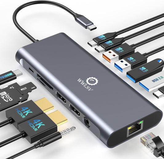 WWLSV 4K@60Hz(DP 1.4 2 14-in-1 3.1/100W Docking Station Dual Monitor for MacBook/Dell/HP/Lenovo Laptop, Dual Required)