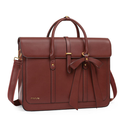 MOSISO Laptop Bag for Women, 17 inch PU Leather Laptop Shoulder Bags Convertible Backpack, 17.3 inch Messenger Bags Casual Handbag Work Briefcase Travel Computer Bag with Bowknot, Brown