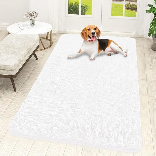 OLANLY Dog Door Mat - Absorbent Non-Slip Washable Chenille Mat for Muddy Paws | 59x32 Inches, White