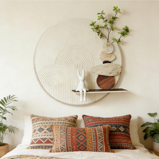 3D Textured Abstract Wall Art Decor,Boho Neutral Beige and Brown Modern Minimalist Artwork with Vase for Walls,Large Round Sandstone Geometric Painting for Living Room, Bedroom, Office, Hallway, 24x24