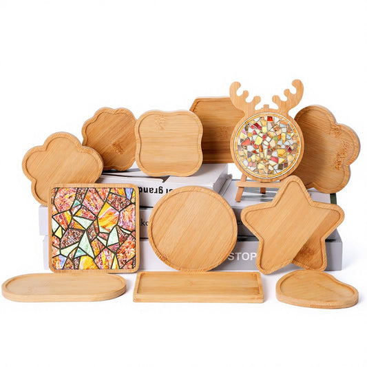 mekueeex 12pcs Mosaic Tiles for Crafts Wooden Coaster Bases Set, Mosaic Kits for Adults DIY Home Decor, Mosaic Kit with Bamboo Shapes for Glass Tile Art Projects, Round Square Hexagon Heart Star Deer