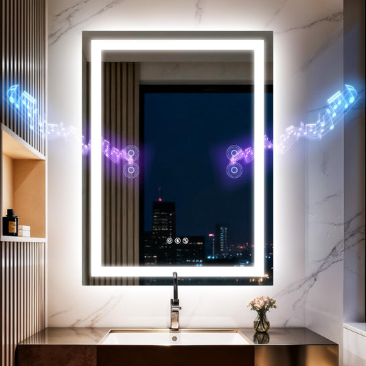 Olyvren 20"x28" LED Bathroom Mirror with Lights,Bluetooth Dual Speaker,Anti-Fog,3 Color Temperature,Dimmable Brightness,Memory Function,Waterproof,Wall Mount Design,Tempered Glass