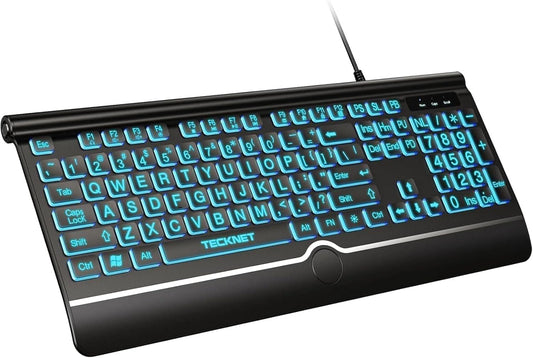 TECKNET 7-Color Large Print Backlit Keyboard, Wired USB-A Computer Keyboard with Wrist Rest, Backlit, Oversized Letter