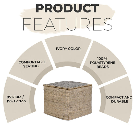 Ash Grey Jute Pouf Ottoman 18x18x14 Inch Handmade Braided Natural Jute & Cotton Floor Pouf, Boho Footstool for Living Room, Bedroom, Extra Seating & Décor