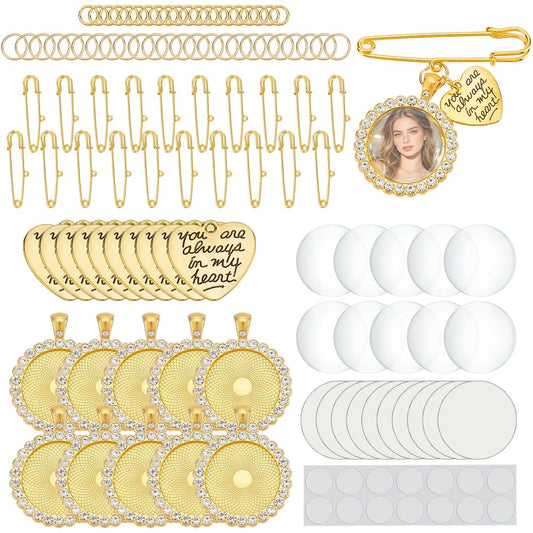 OLYCRAFT 10 Sets Gold Wedding Bouquet Photo Charm Pin Sublimation Blanks with Heart Pendant Round Pin Brooch Making Kit Bouquet Picture Charm DIY Pins Brooch Making Kit for Wedding Party Bridal