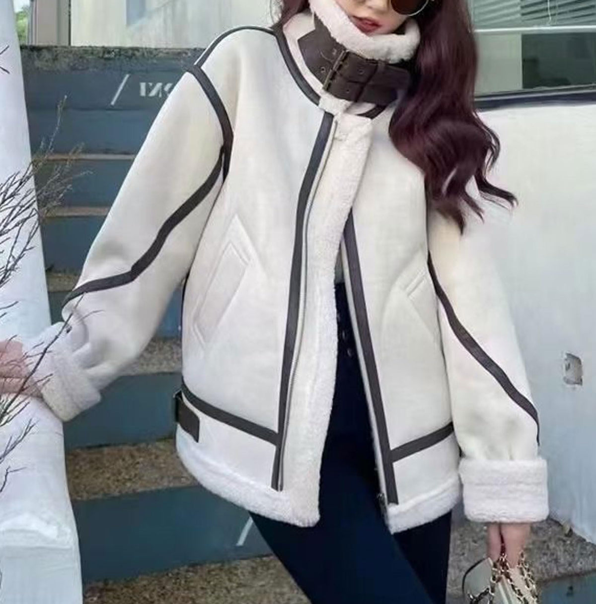 loveimgs Women Oversized Faux Suede Moto Jacket Sherpa Fleece Lined Leather Jacket Aviator Shearling Fur Coat Overcoat (Large, Off white)