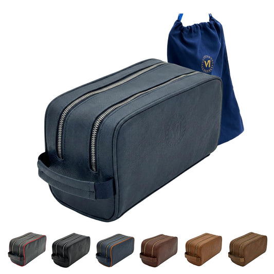 Toiletry Bag For Men, Premium PU Leather Dopp with Metal Zippers & Bottom Studs, Waterproof Grooming Kit for Men, Mens Birthday Gift, Includes Velvet Dust Bag & Shape-Retention Stuffing / NAVY BLUE