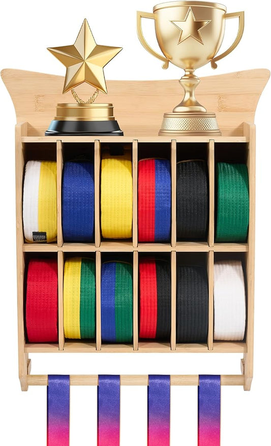 GENMOUS Karate 12 Belts Display Rack for Kids and Adults, Any Trophy and Medal Organizer, Wall Mounted Taekwondo or Martial Arts Belts Storage, Ideal Achievement Showcase for Home Dojo Decoration