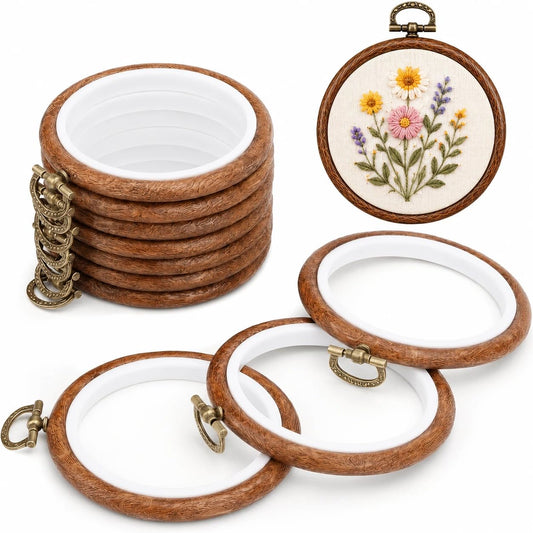 TSV Small Round Embroidery Hoop: 10 Pack 3 Inch Mini Vintage Wood-Grain Cross Stitch Frame, Decorative Embroidery Ring for Holiday Ornaments & Wall Art Displays - Gift for Mom Embroidery Kit