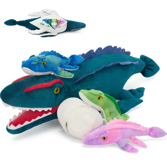Karister Blue Dinosaur Stuffed Animal,Giant Dinosaur Plush Toy,Mommy Dino with Babies & Egg, Soft Mosasaur Plushie,Realistic Dinos Stuffy,Gifts for Kids Boys Girls Easter Christmas Birthday