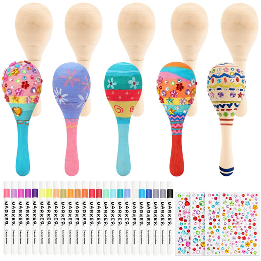 15 PCS Mini Wooden Maracas for Kids, Unfinished DIY Maracas with Multicolor Pens and Gem Stickers for Mexican Fiesta Cinco De Mayo Painting Shakers Baby Musical Toys Birthday Party Favor Supplies