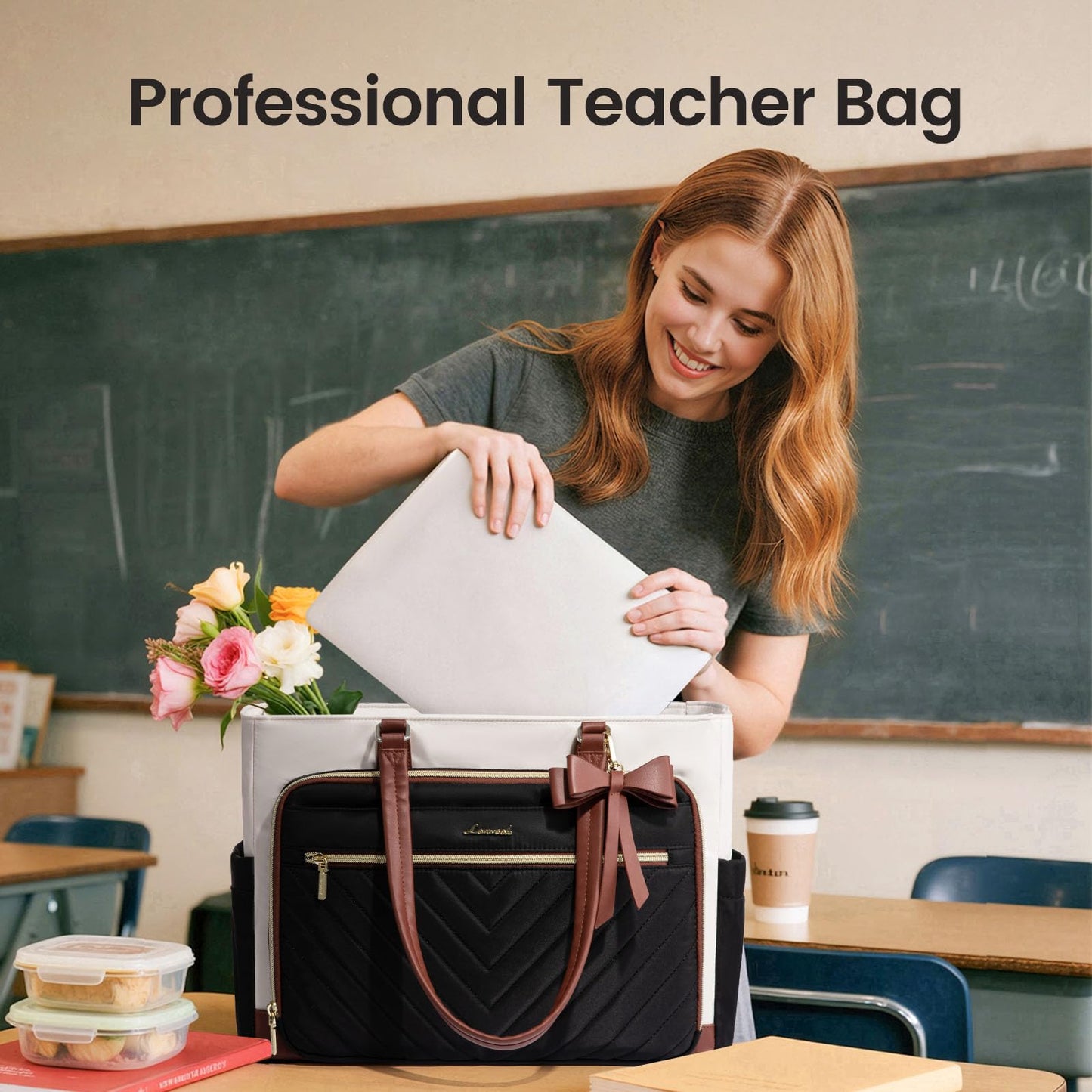 LOVEVOOK Teacher Tote Bag for Women, Work Laptop Bag Gift with Large Cup Holder, Quilted Nurse Bag Diaper Tote with Multi-Pockets, Large Computer Handbag Purse for Bussiness Travel, Office, College