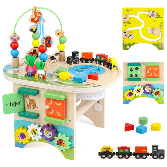 Gemileo Activity Table for 1 Year Old Montessori Educational Learning Toys for 1 2 Year Old Girls Boys Toddlers Baby 12-18 Months 1st First Birthday Gifts 10 in 1 Wooden Bead Maze Sensory Center Toys