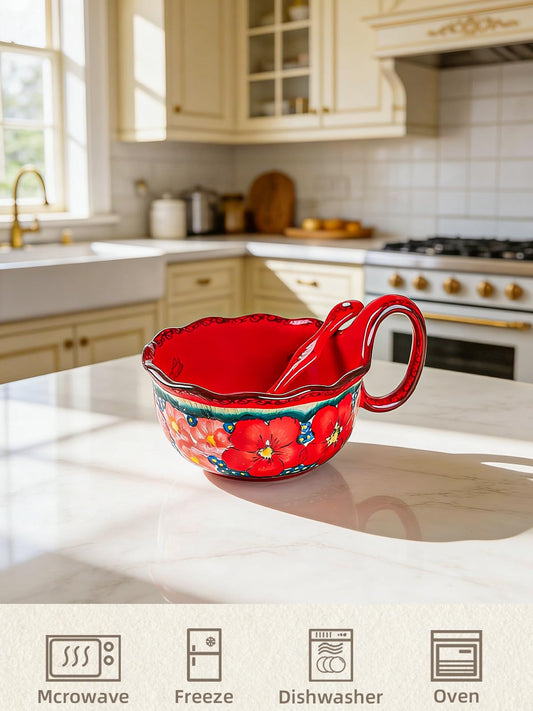 silesia Handmade Ceramic Soup Bowl with Spoon, 30 Oz Hand Painted Bowl with Loop Handle, Floral Design Cereal Bowls for Soup, Ice cream, Snack, Microwave & Dishwasher Safe (Glazed Red)