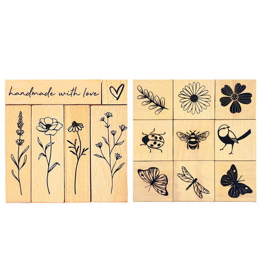 Wissppoott 15 Pcs Vintage Wood Rubber Stamp Set - Antique Butterfly, Floral, Plant, Ladybug& Bird Stamps for DIY Scrapbooking, Craft Cards, Gift Wrapping & Journal Art