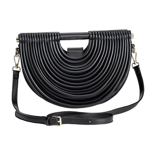 FUTTSPAI Elegant Half Round Chinc Woven PU Leather Lou Top Handle Bag for Women Formal Evening Clutch Purses,Black