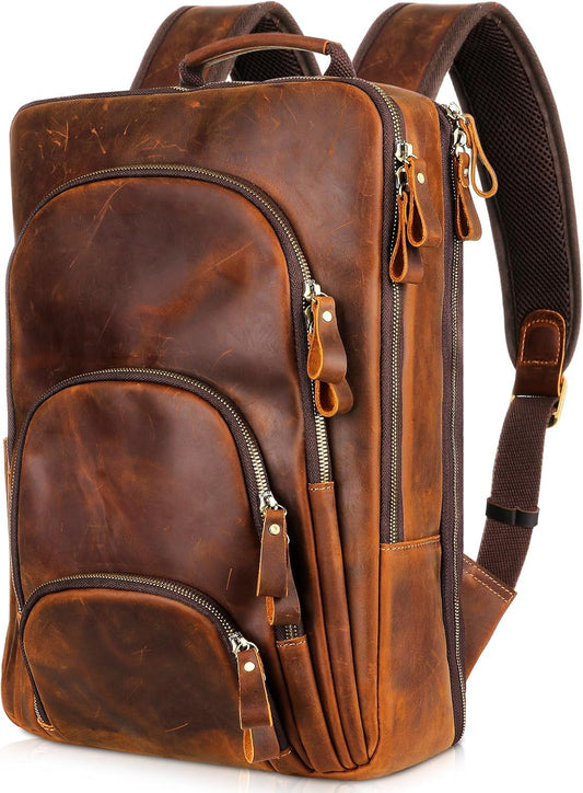 Fshsup Full Grain Leather Backpack 15.6" Laptop Bag Men's Vintage Genuine Leather Business Backpack Travel Hiking Camping Rucksack Overnight Weekender Daypack Backpack