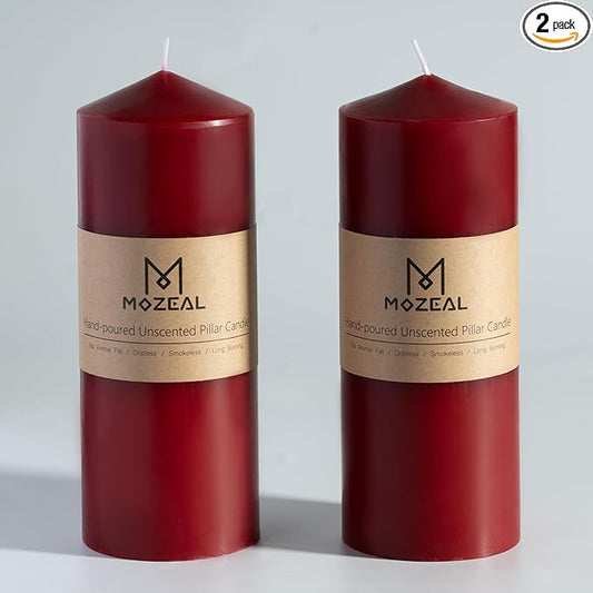 MOZEAL 3" x 8" Hand-Poured Unscented Candles,Large Dark Red Pillar Candles Set of 2,No Drip,Approx 120 Hours Long Burning,Wedding,Dinner,Christmas and Home Decor（3 Inch Diameter 8 Inch Height）