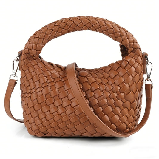 Woven Shoulder Bag for Women, Aesthetic Small Purse Trendy Top Handle Handbag PU Leather Crossbody Bag with Detachable Strap Cute for Mom Sister Girlfriend (BROWN)
