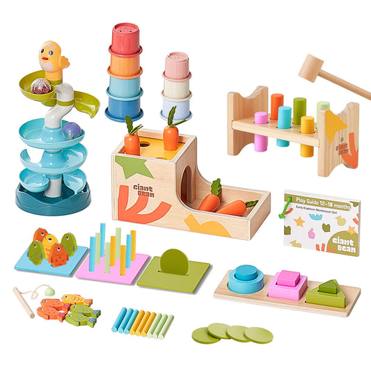 Giant bean 8-in-1 Wooden Montessori Toys Set Learning Toys for Baby 12-18 Month with Object Permanence Box, Senser Ball Roll Tower, Hammer, Fishing Carrot, Shape Sorting Stacking Cup for Kids 1+