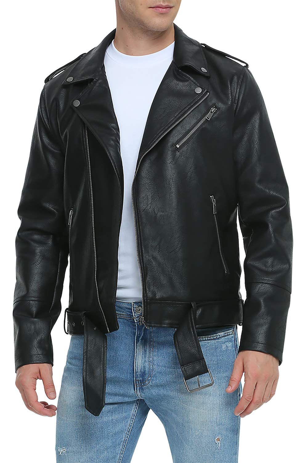 Fahsyee Leather Jackets for Men, Faux Bomber Jacket Mens Motorcycle Lapel Asymmetric Zip-Up Belt Slim Fit Biker Coat Black XXL