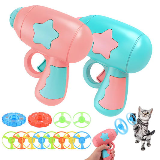 2PCS Bamboo Dragonfly Catapult Launcher, Interactive Cat Fetch Toy Launcher with LED Flying Disc Propeller, Outdoor Flying Saucer Blaster for Pet Exercise & Night Play(Pink+Blue)