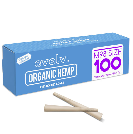 Evolv Organic Hemp Pre Rolled Cones Rolling Paper | Size: M98 (98/26mm) | 100 Count Case | Unbleached, Slow Burning Preroll Cones | Artisan Crafted Rolling Cone