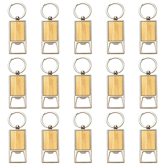 Frinnovan, 15 Pack Wooden Bottle Opener Keychains Blank Wood Openers Engraving Key Chains Tag for Engravable DIY Crafts (Rectangle 3)