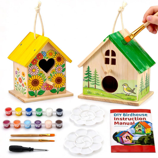 AluAbi 2 Pack DIY Bird House Kit, Thickened Wooden Birdhouse Crafts for Kids with Paints Brushes Screwdriver, DIY Arts and Crafts for Children, DIY Birdhouse Set for Halloween Christmas Birthday