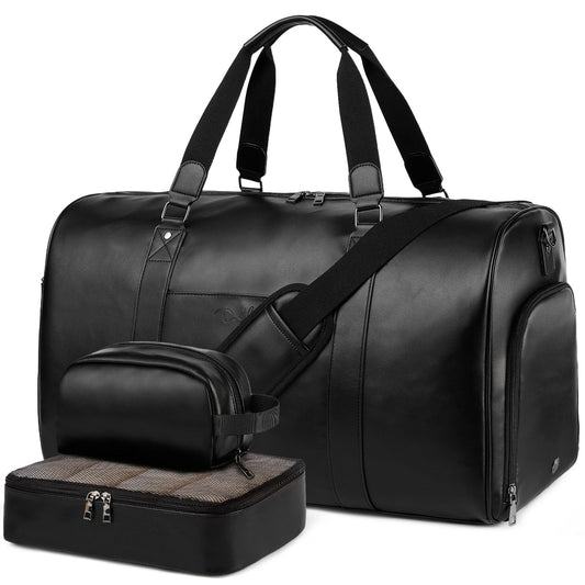 Large 3-in-1 Leather Duffle Bag for Travel Weekender Overnight Hospital Gym Bag for Men & Women, Carry On Airline Approved Personal Item Duffel Garment Bag Luggage with Shoe Compartment & Toiletry Bag