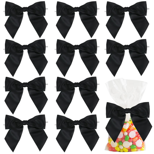 AIMUDI Black Satin Ribbon Twist Tie Bows for Treat Bags 4.5" Pre-Tied Black Bows for Christmas Tree Black Ribbon Bows for Crafts Premade Bows for Gift Wrapping Baby Shower Party Favors - 36 PCs