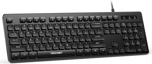 TECKNET Wired Keyboard,Silent USB Keyboard for Office,Spill-Resistant,Slim Full-Size Membrane Layout,Plug and Play
